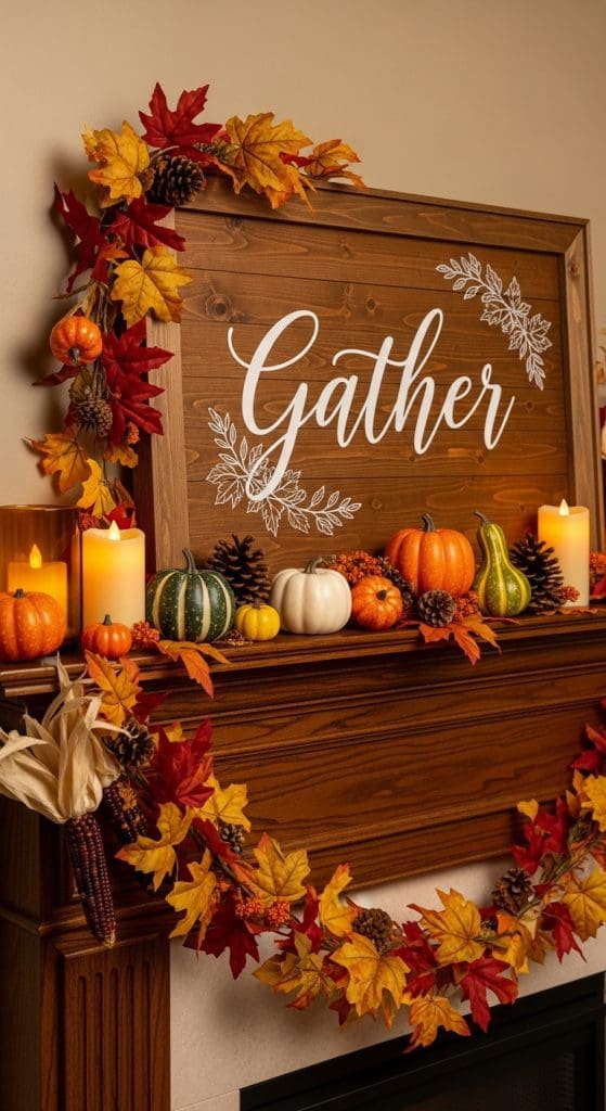 rustic wooden sign that says GATHER on a wooden fireplace mantle