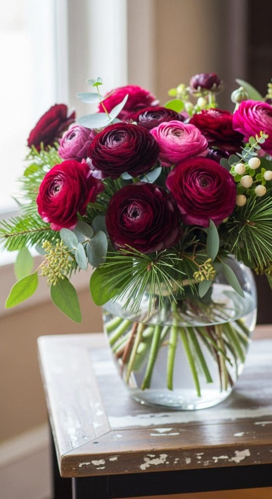 Ranunculus in a deep purple color in a glass vase on rustic side table 