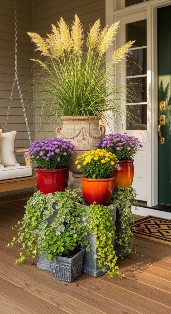 tiered plant pots stacked and different heights with different flowers and grass stems