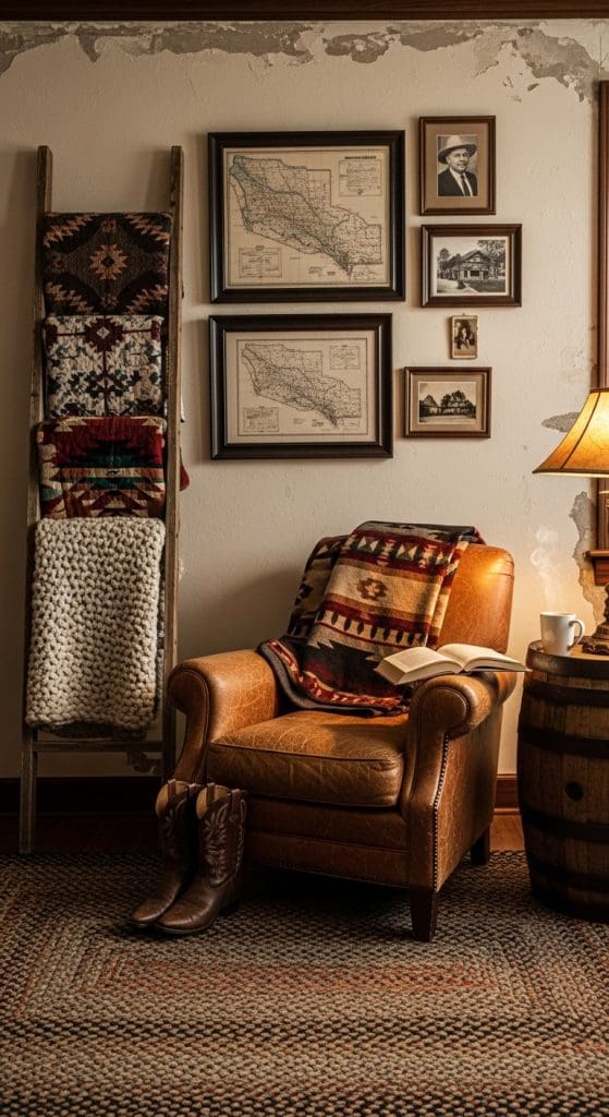 wooden ladder with decorative blankets on it in a reading nook of bedroom