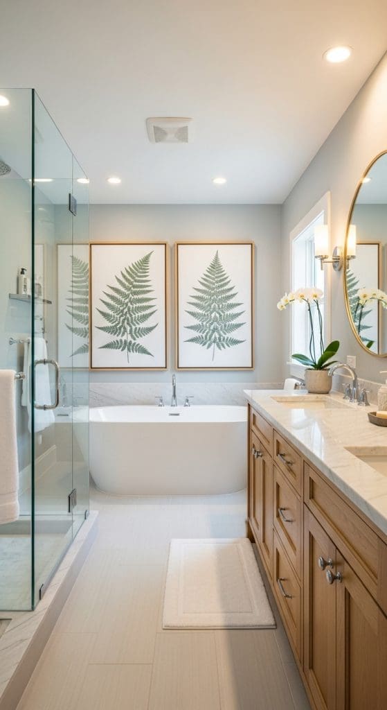 two botanical style prints on wall in wooden frames