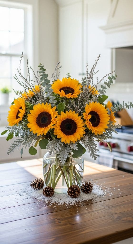 bright sunflowers mixed with frosted tipped branches and evergreens in a glass vase on kitchen counter