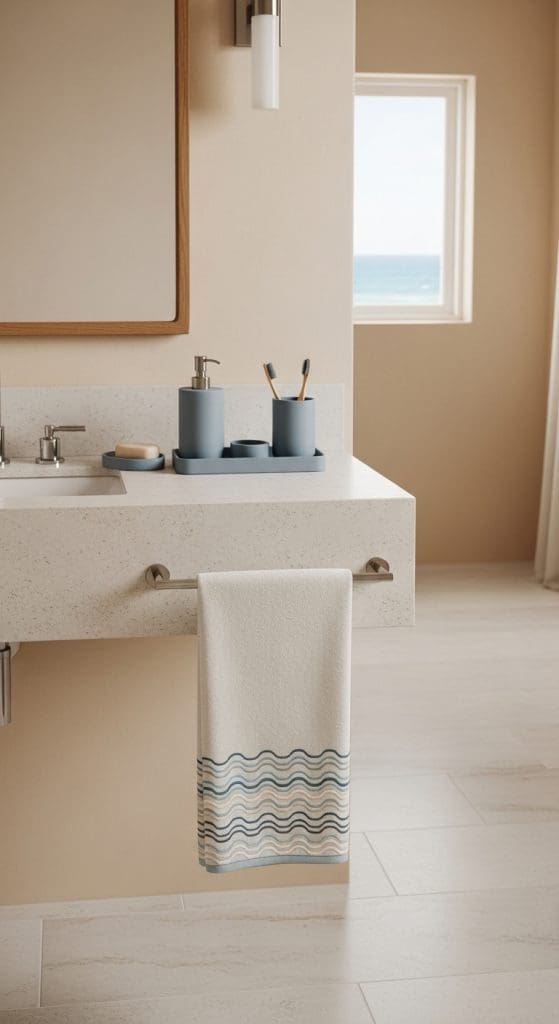 blue elements in a bathroom with a coastal vibe