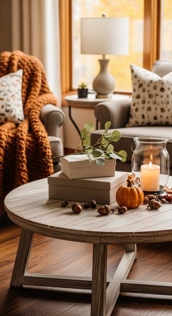 Two stacked linen boxes with eucalyptus sprigs and mini pumpkins decor