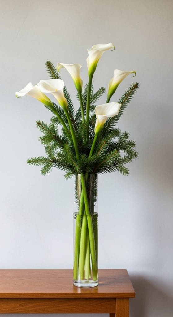 Calla Lilies in a tall glass vase mixed with evergreens