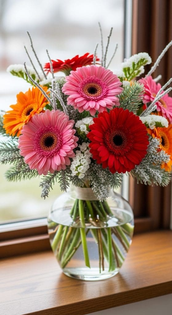 Gerbera daisies mixed with evergreens and white frosted sprigs in a glass vase on a windowsill