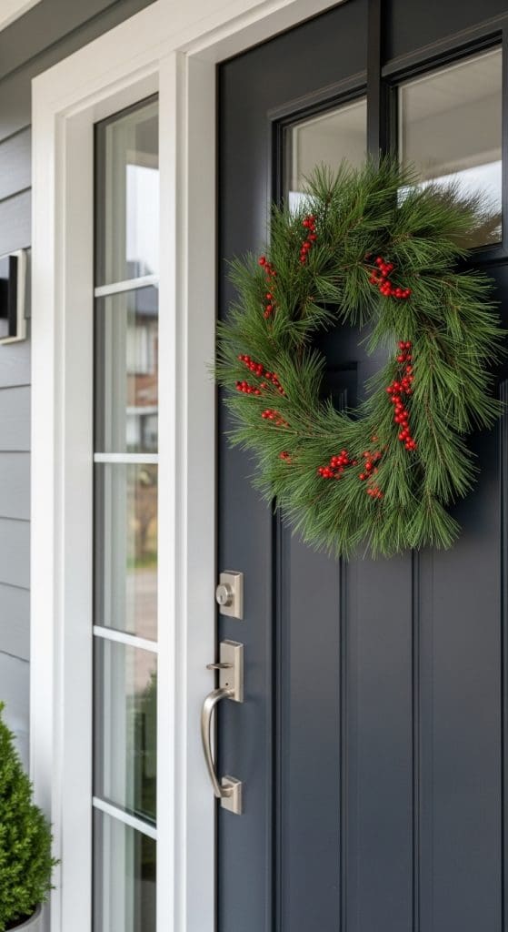 green wreath with red berries on a front door