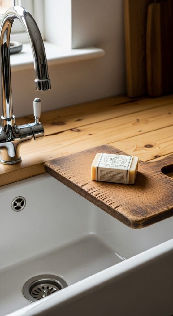 old wooden cutting board with soap bar on top