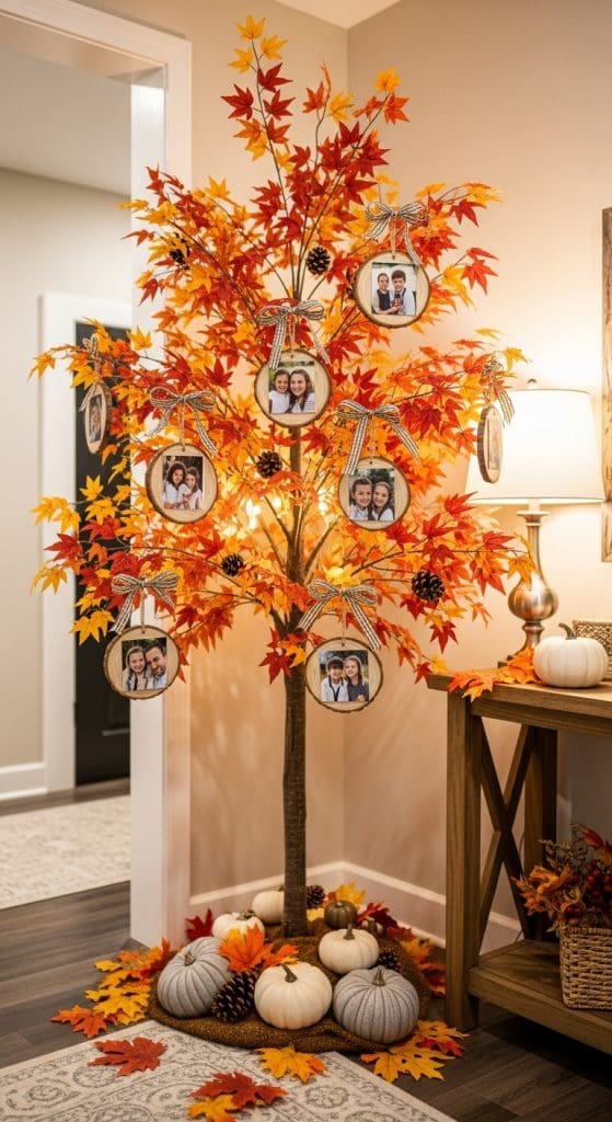 entryway with fall leaves and round hanging pictures of family members