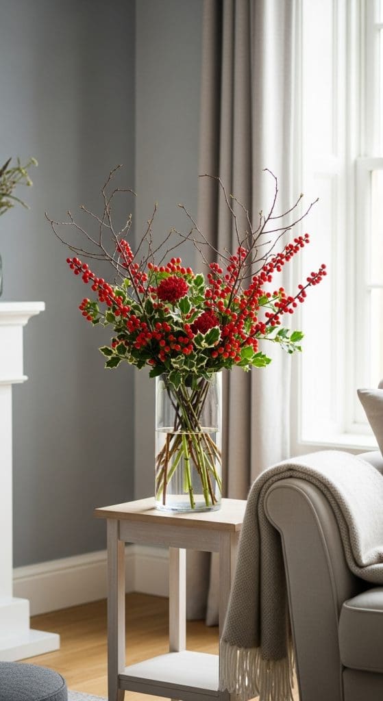tall glass vase with red berry stems and holly on side table in living room