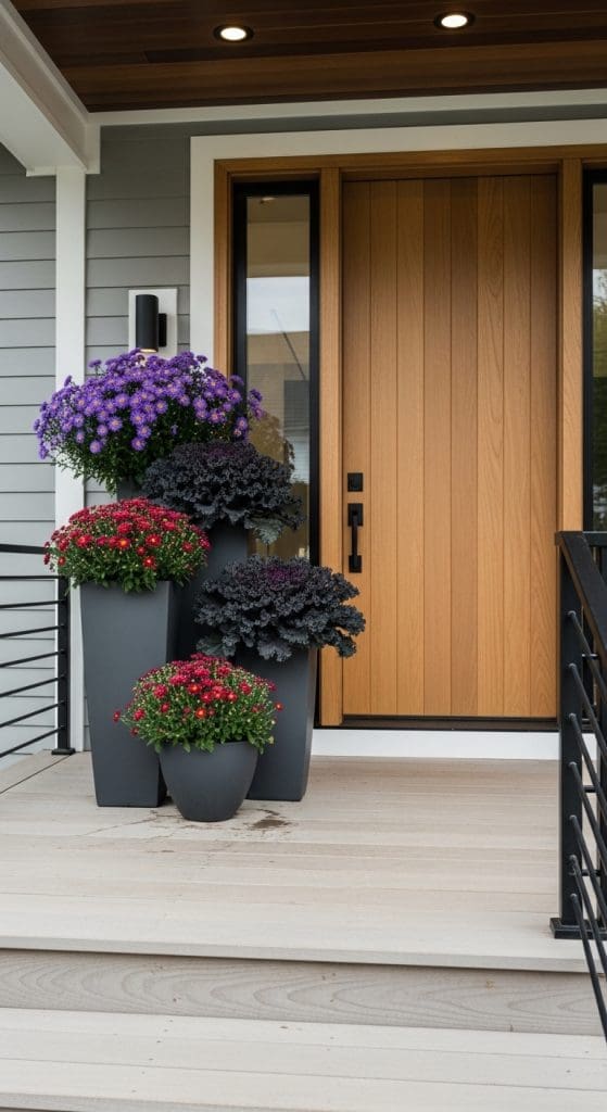 modern front porch with black planters and fark purple and black flowers