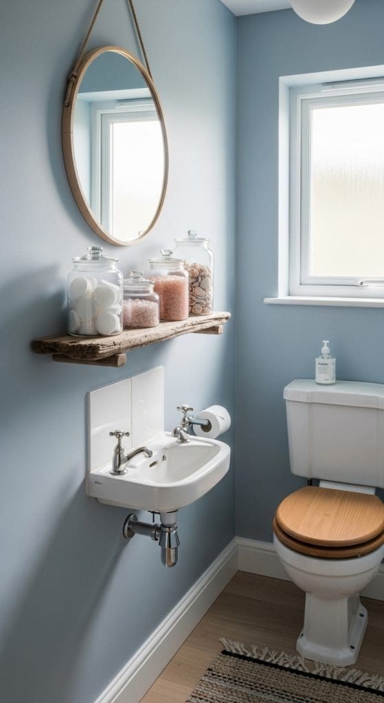 small coastal toilet glass jars on a driftwood shelf
