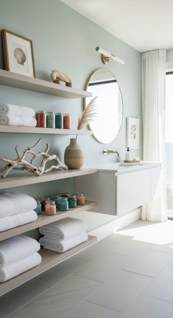 Open shelves in a coastal style bathroom