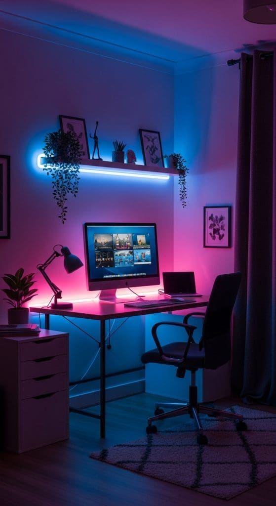 pink and blue neon strips under desk and shelf in office