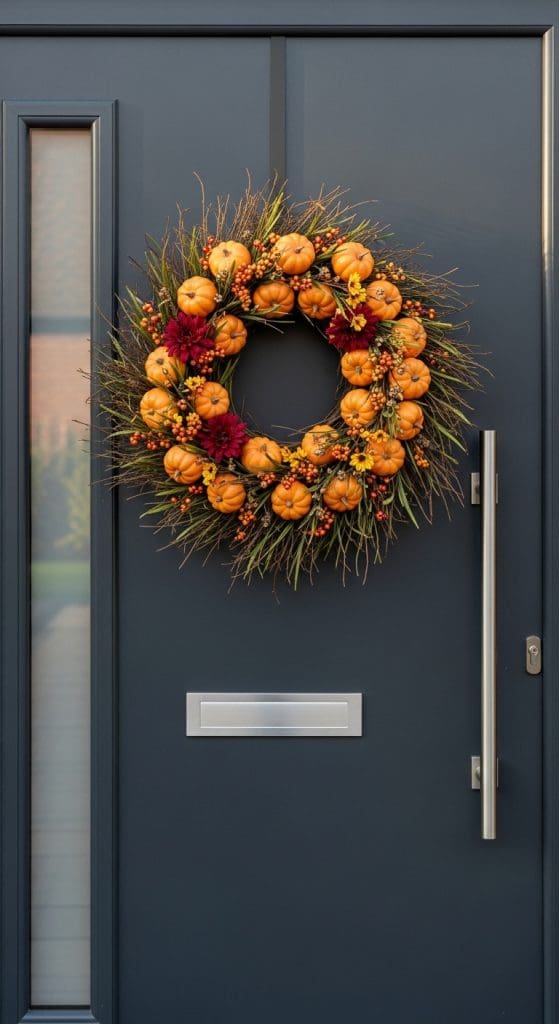 green wreath with mini pumpkins on a modern front door