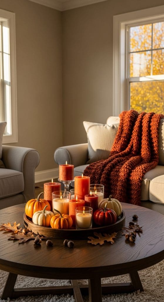 Round Coffee Table Fall Decor tiered candles on brown round coffee table