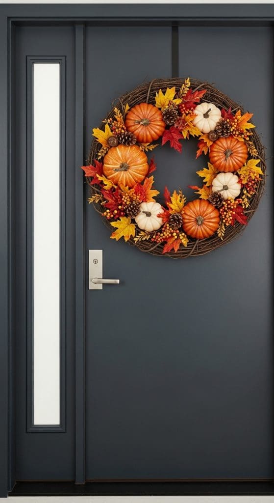 fall wreath with mini pumpkins on a modern black front door