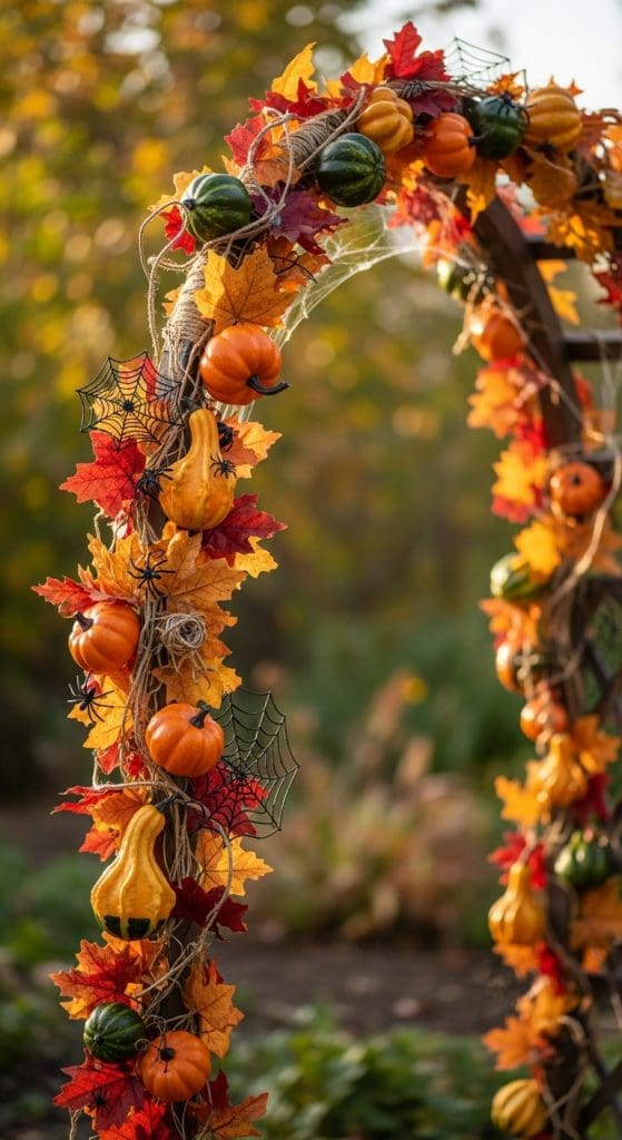 fall pumpkin and autumn leaf archway on wooden trellis