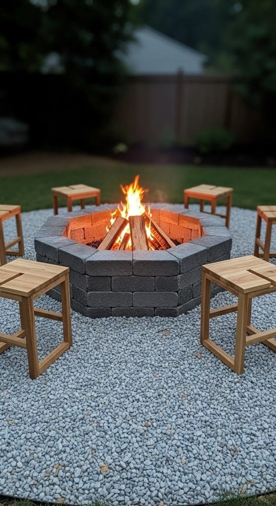 Octagan-style bonfire pit with minimal wooden stools on pea gravel