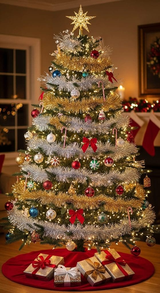 christmas tree wrapped in silver tinsel