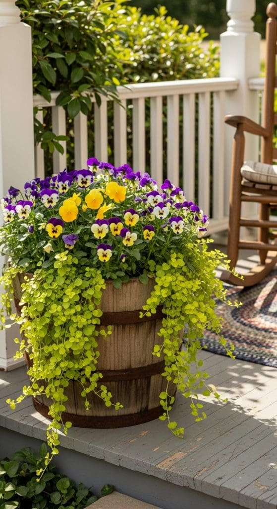 pansies mixed in with creeping jennys in a planter 