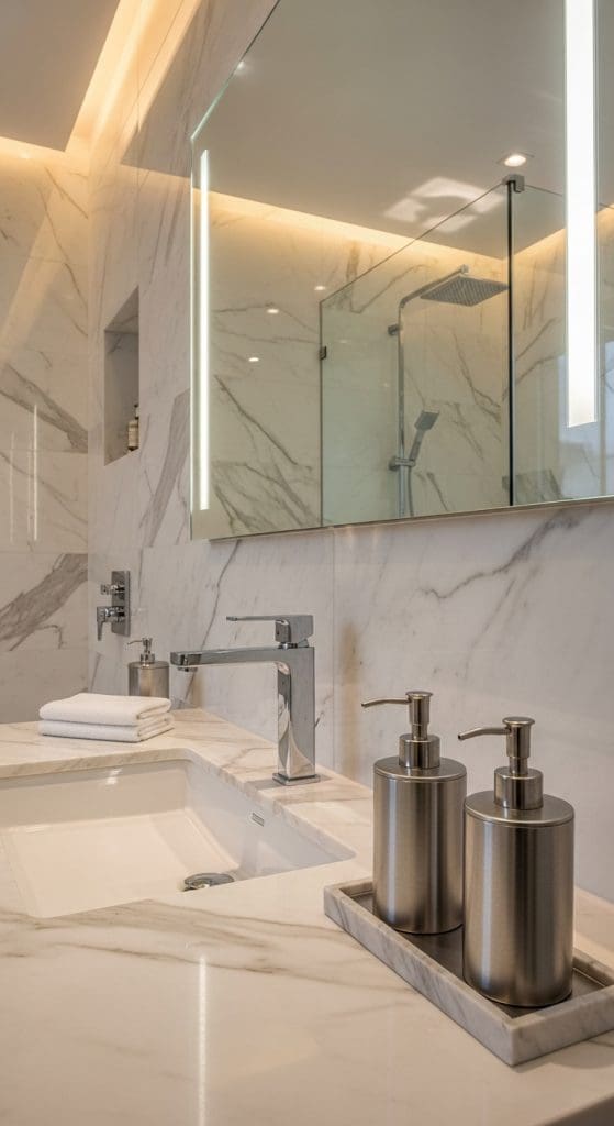 silver matching soap bottles in a grey marble tray on side of sink