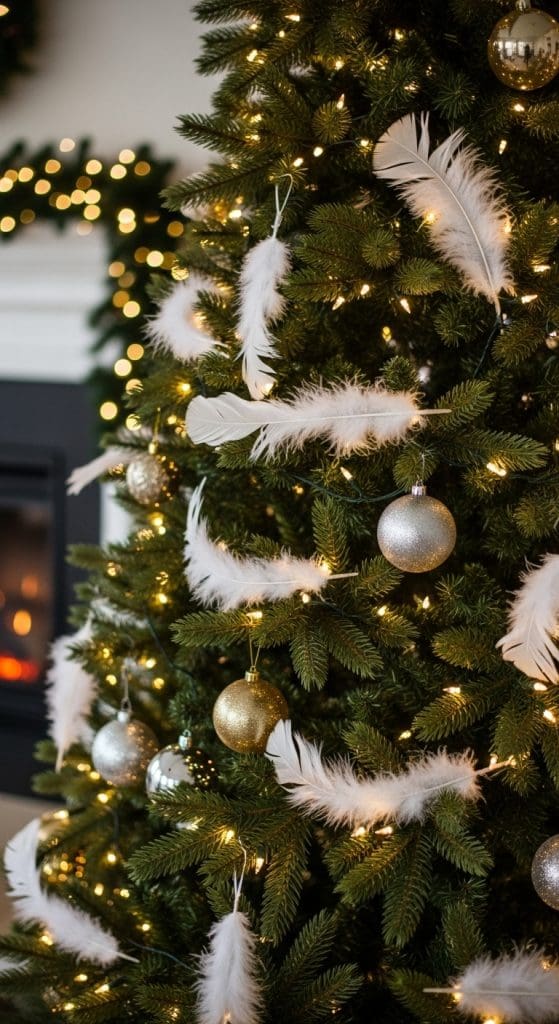 Green Christmas tree with white feather decor