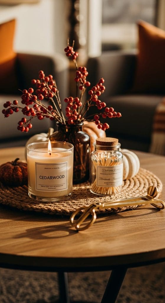 seasonal candle display on a woven round placemat