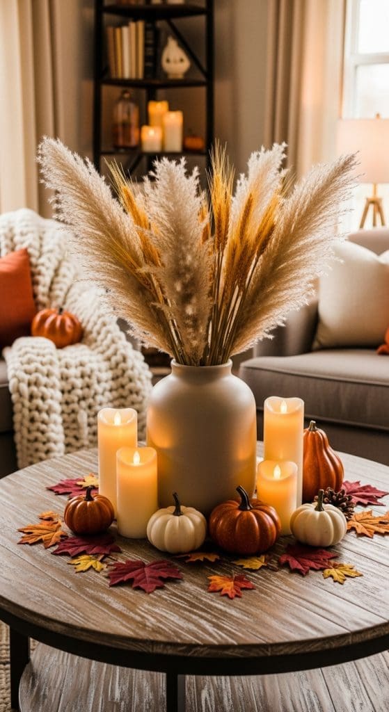dried florals in a ceramic vase on a round fall coffee table