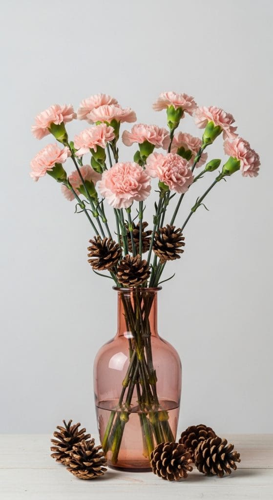 Pink carnations and pinecones in a pink tall vase on a white background Winter Flower Arrangement