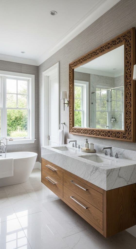 mirror in a wooden frame in bathroom