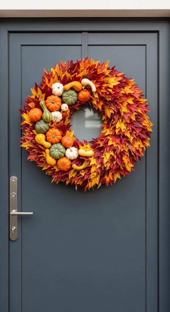 mini gourds aligned to one side on a fall leaf wreath 