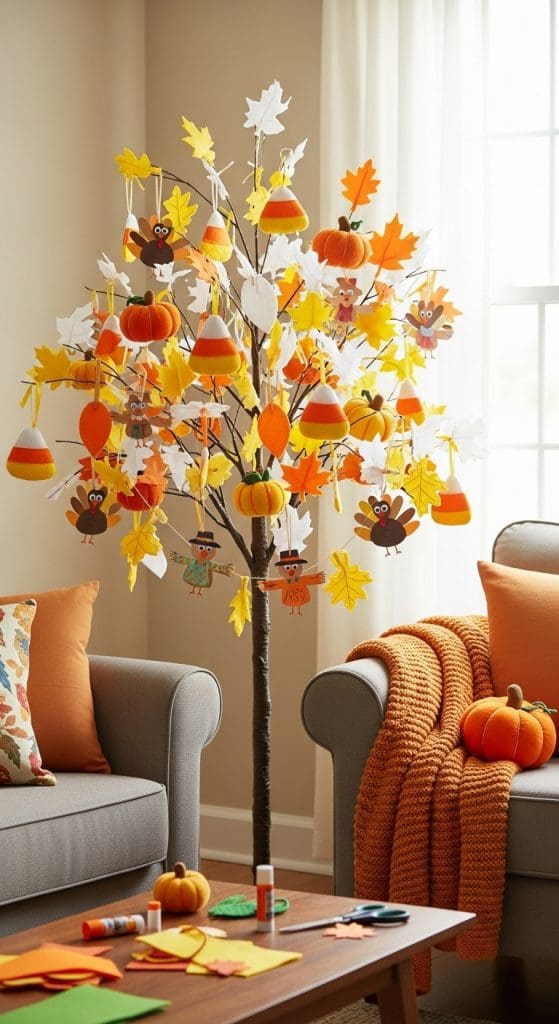 Craft style tree with turkey decor and felt autumn leaves