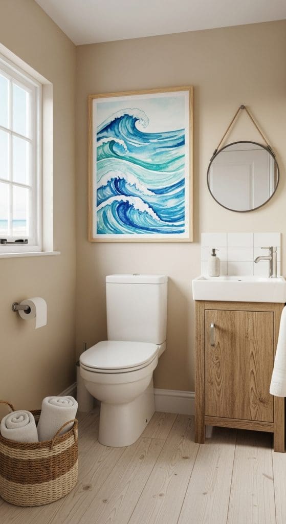 wave print in a coastal bathroom