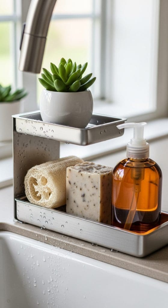 tiered stainless steel soap tray with different kitchen sink accessories