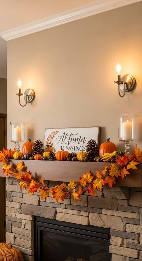 two wall scones above fall themed fireplace