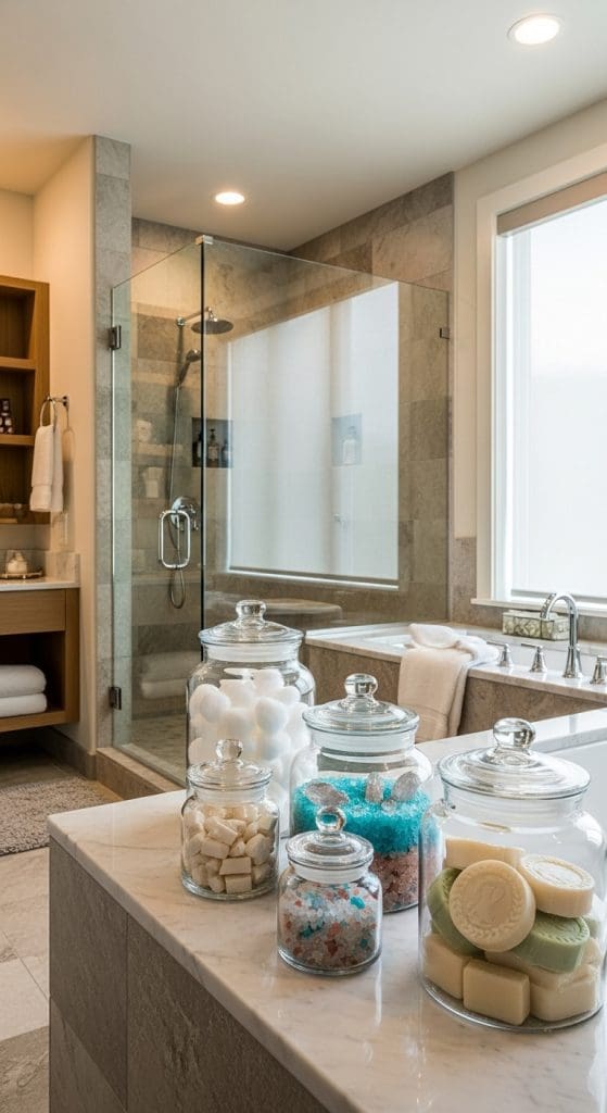 jars of cotton balls, bath salts and soaps in a bathroom