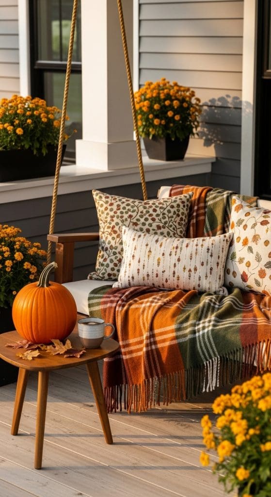 porch swing with fall pillows and throws 