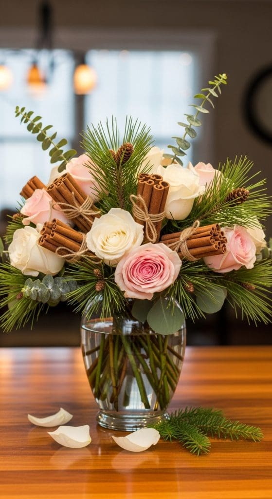 Pink and white roses mixed with cinamon sprigs on a glass vase