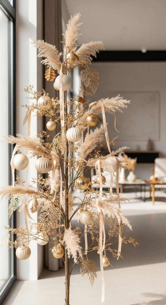 bare tree decorated in white and orange baubles and wheat stems