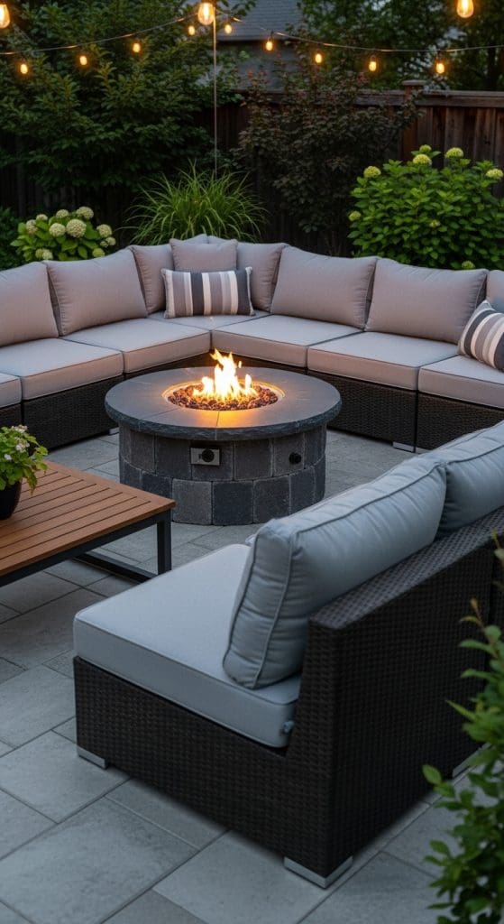 sectional seating around a firepit in backyard Bonfire Pit Ideas