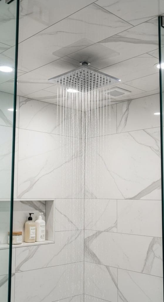 rainfall style shower head in a shower 