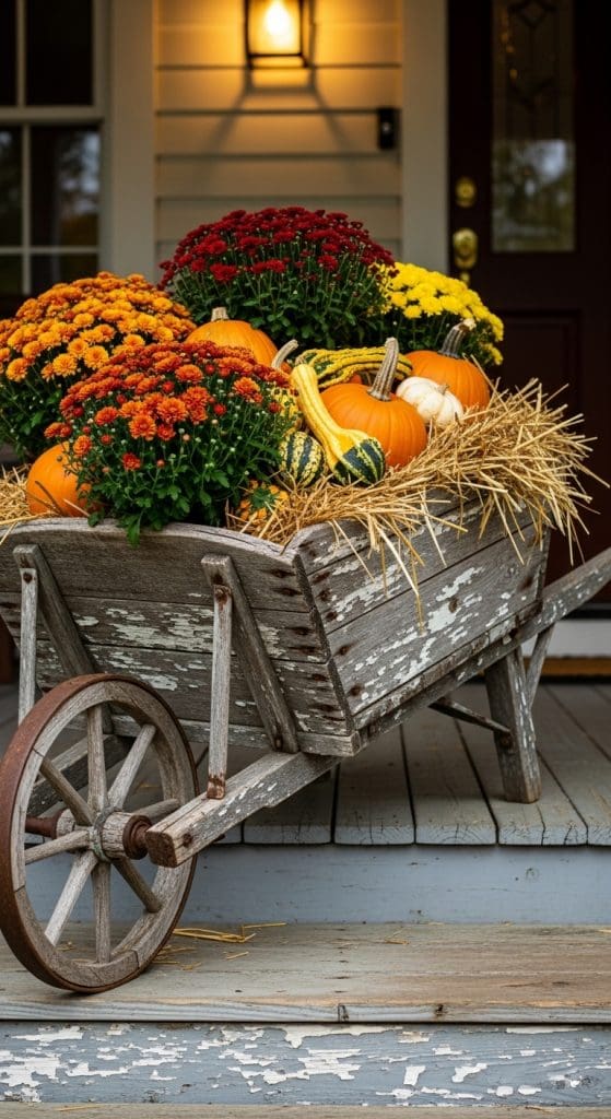 wheelbarrow full of pumpkins, mums and hay on pporch