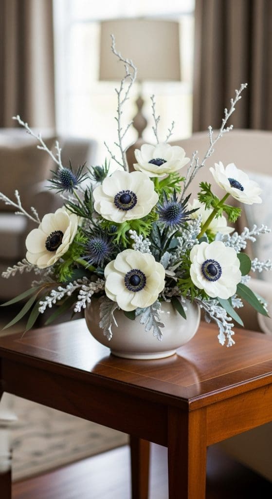 Winter Flower Arrangement of Anemones and eucalyptus sprigs on a coffee table