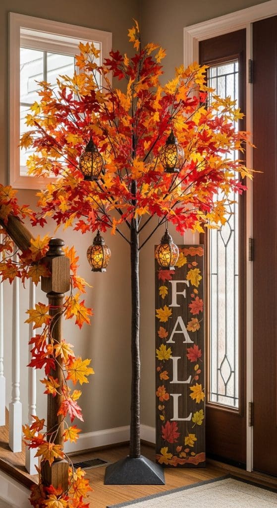 Fall tree with autumn leaves and a wooden sign that says fall