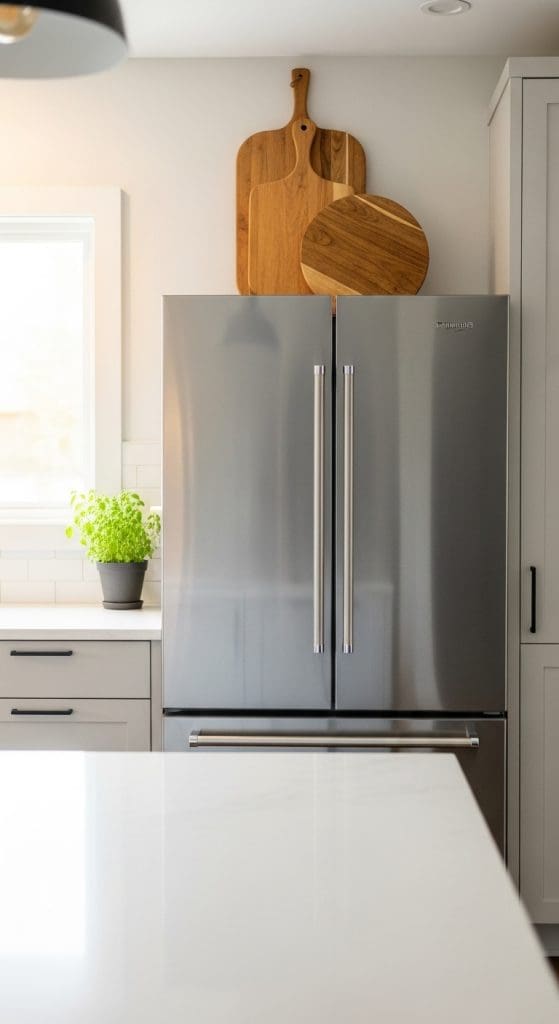 Different size and shape cutting boards on top of a silver fridge