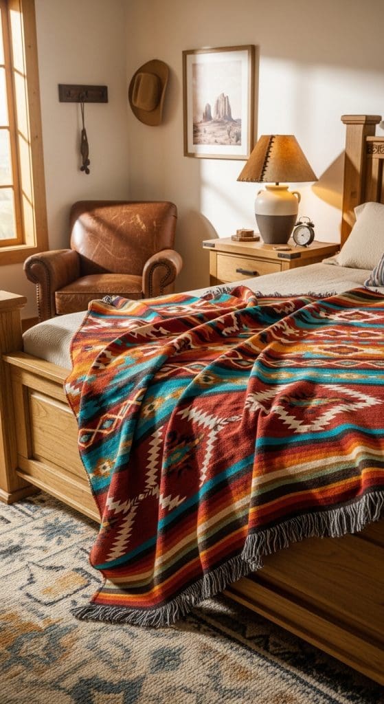 colourful woolen native style throw on rustic bed