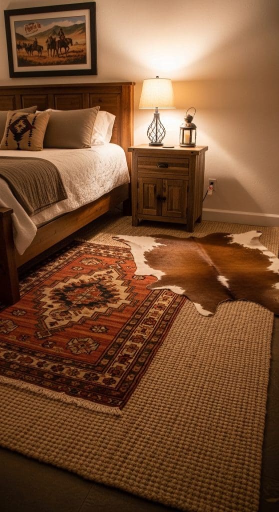 traditional layered rugs with cow hide and rattan rug