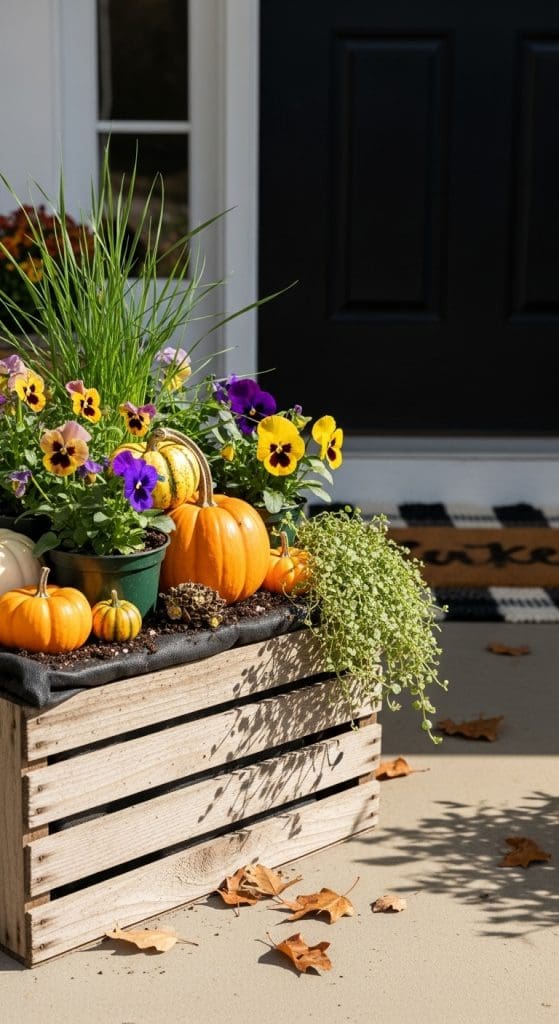 vintage crate used as a fall planter on a front porch 