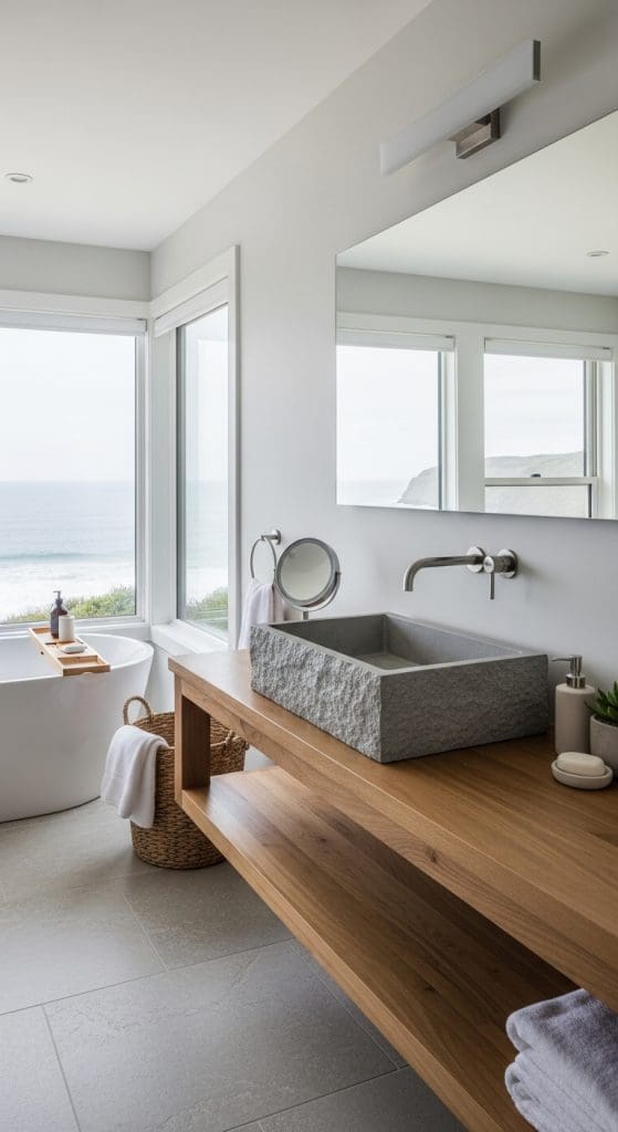 Concrete sink in a coastal bathroom
